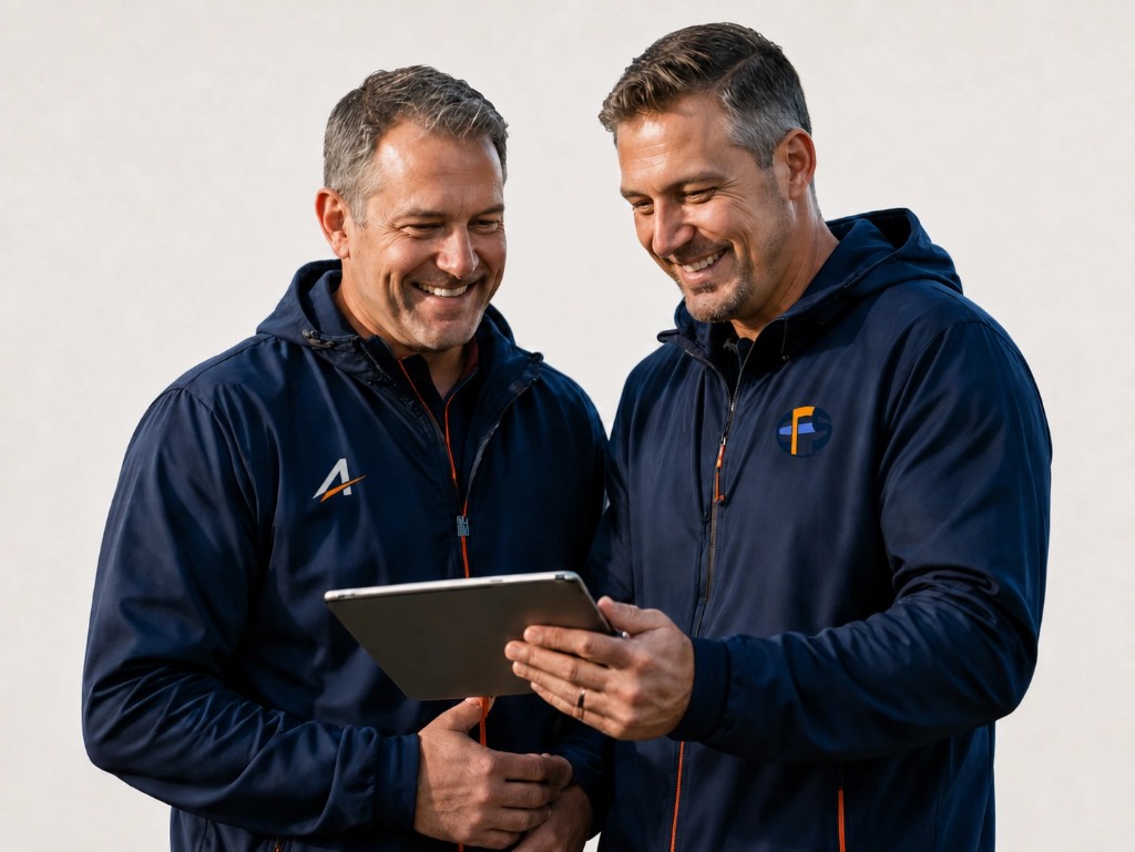 Two club volunteers reviewing Club OS on a tablet