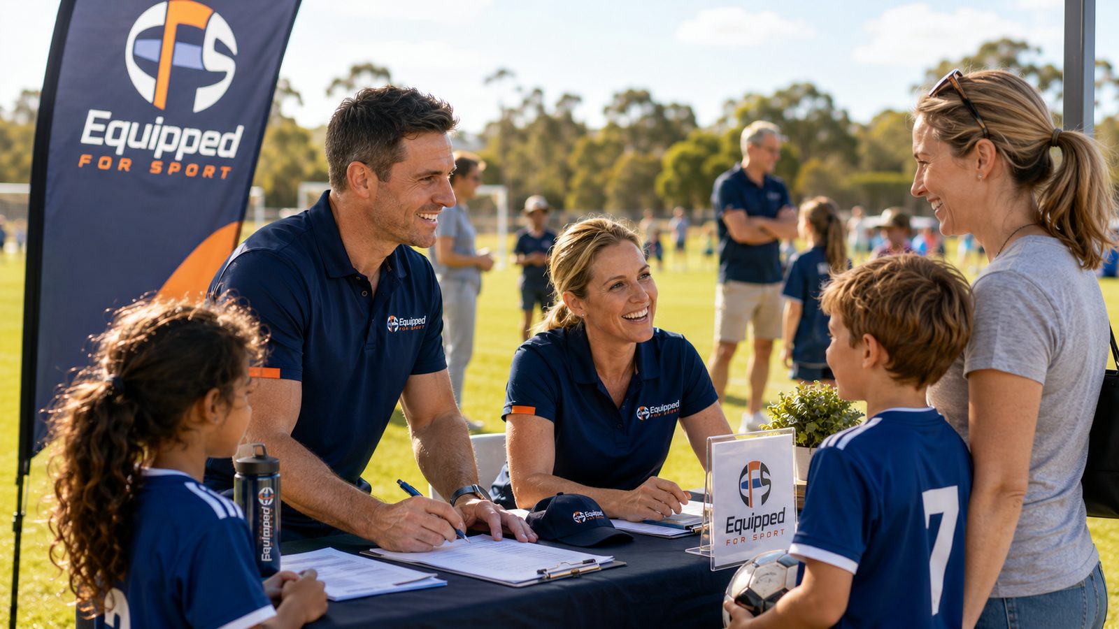 Volunteers helping a family at a community sport registration table