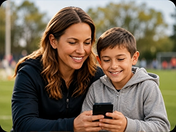 Parent and child checking club information on a phone