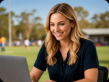 Club registrar working on a laptop outdoors
